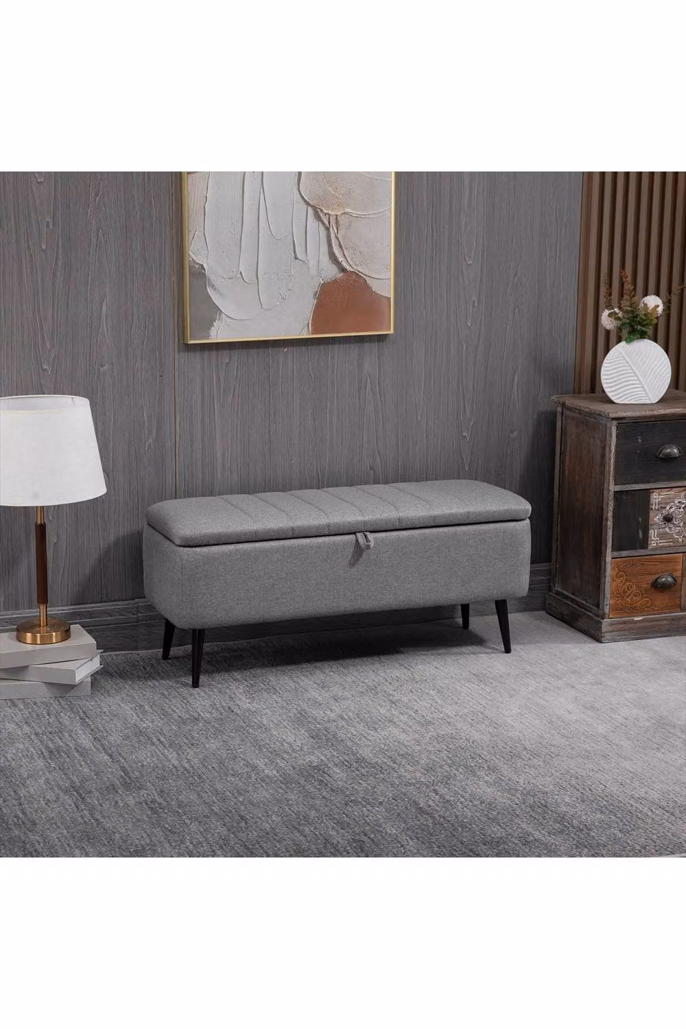 ERGOVEXA Grey Fabric Storage Ottoman with Flip Top and Metal Frame, W/D/H: 102 x 44 x 40 cm – 2