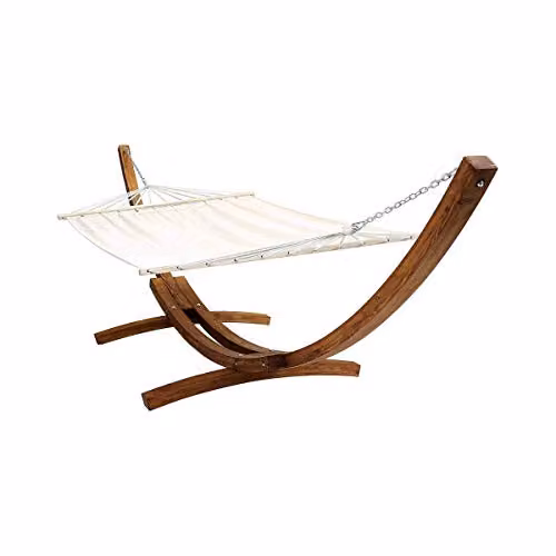 CHARLES BENTLEY Extra Large 4M Two-Person Hammock with Larch Wooden Stand, Cream Cotton and Polyester Fabric, W/D/H: 400 x 120 x 130 cm