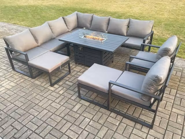 Fimous 11 Seater Aluminium Garden Furniture Set with Gas Fire Pit Dining Table, Sofa, 2 Chairs and 2 Footstools in Dark Grey
