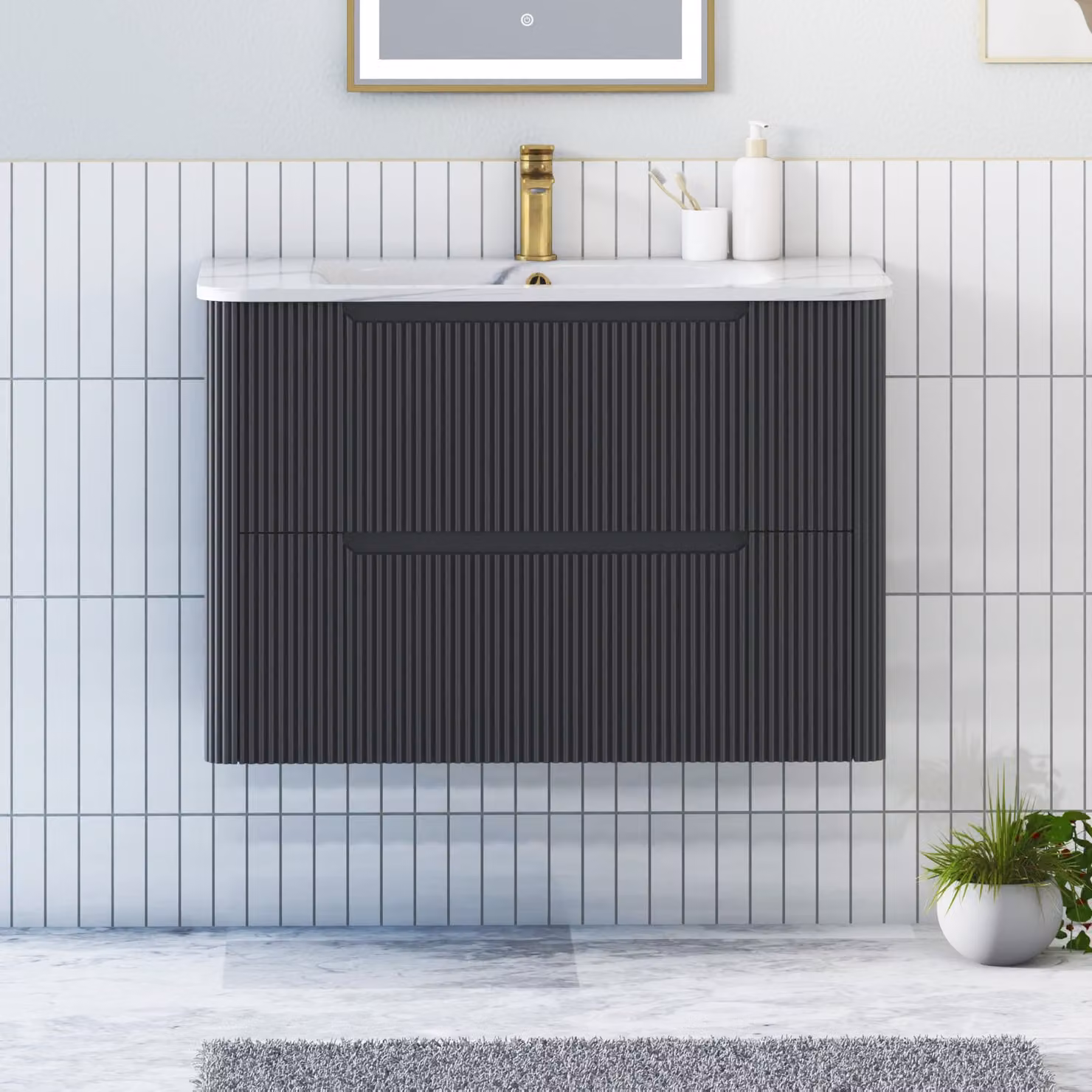 Royal Bathrooms Avenza Wall Hung Vanity Unit with 2 Drawers and Carrara White Basin, Matt Obsidian Black, Width: 80 cm