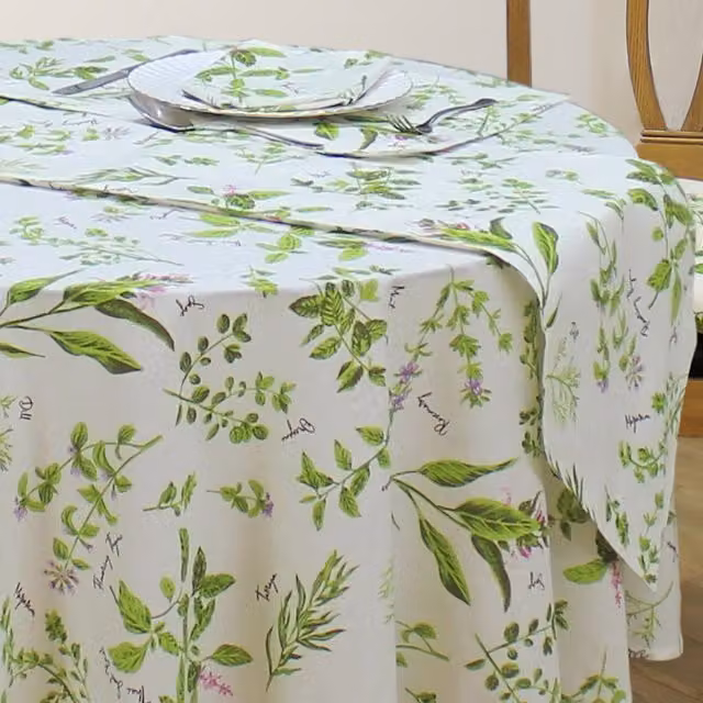 Kitchenwise Floral Herb Garden Oval Tablecloth, Multicolour Green Pink and Purple Cotton, W: 228.6 cm