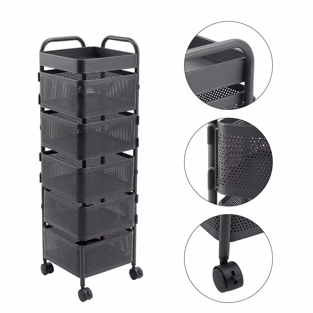 Garden Sanctuary 5-Tier Metal Kitchen and Balcony Storage Rack with Wheels in Matt Black – 3