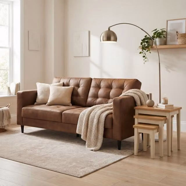 FurnitureboxUK Jade 3 Seater Sofa in Brown Faux Leather with Solid Wood Frame