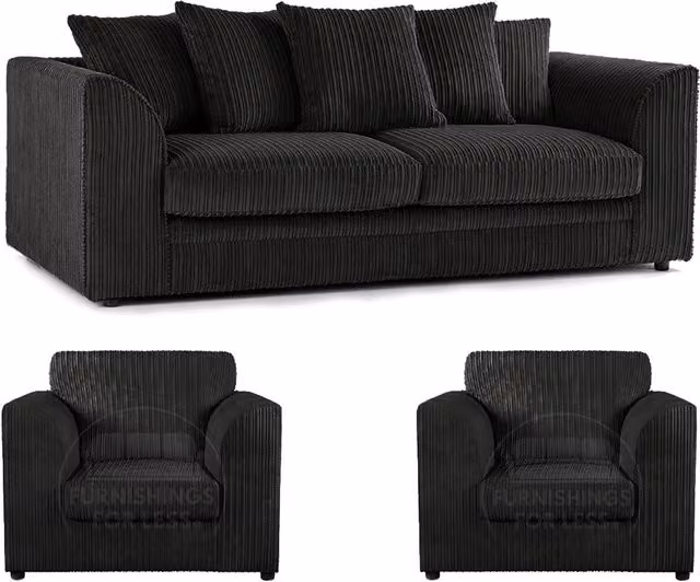 Furnishings For Less UK Luxor 3 Piece Sofa Suite in Black Jumbo Cord Fabric with Scatter Cushions – 1
