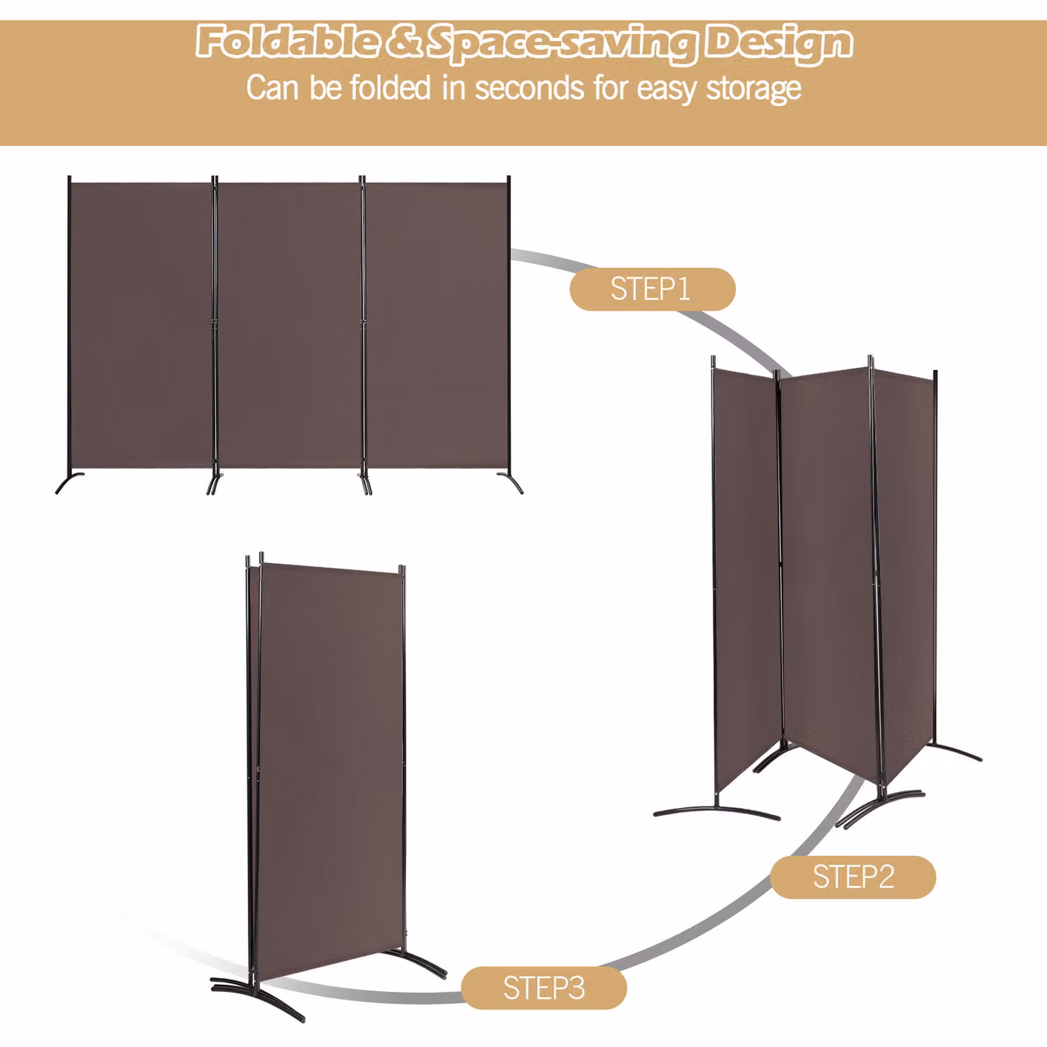 Costway 3-Panel Modern Room Divider in Brown with Polyester Fabric and Metal Frame – 2