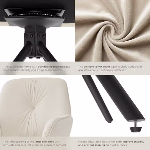 tectake Set of 2 Lenia Swivel Dining Chairs with Velvet Fabric in Beige and Black – 5