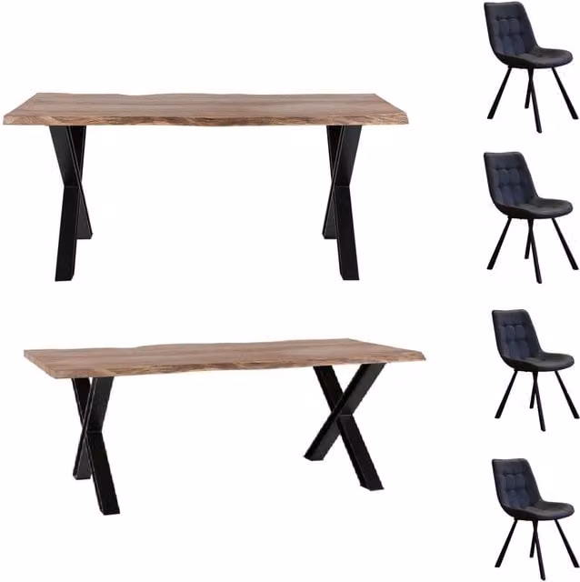 IH Design Live Edge Acacia Wood Dining Set with Rectangular Table, 4 Chairs and 1 Bench in Brown