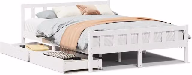 Berkfield Home White Solid Wood Pine Bed Frame with Drawers, W/D/H: 150 x 200 cm