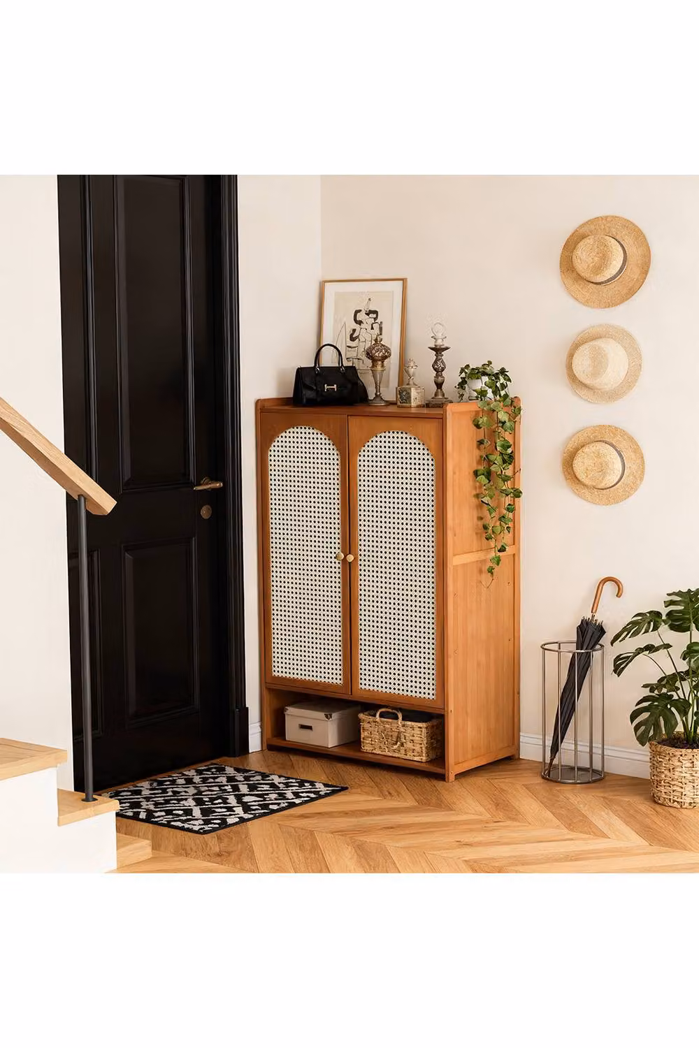 H&O Direct Rustic Brown Shoe Storage Cabinet with Rattan Hinged Doors and Internal Shelves – 2