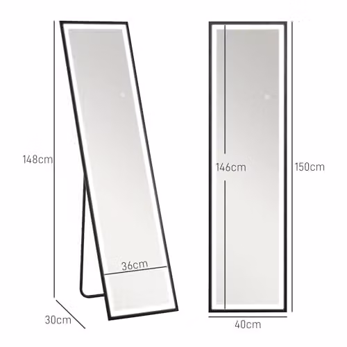 HOMCOM Full Length Free Standing Mirror with Dimmable LED Lights, Black, H 150 cm x W 40 cm – 5