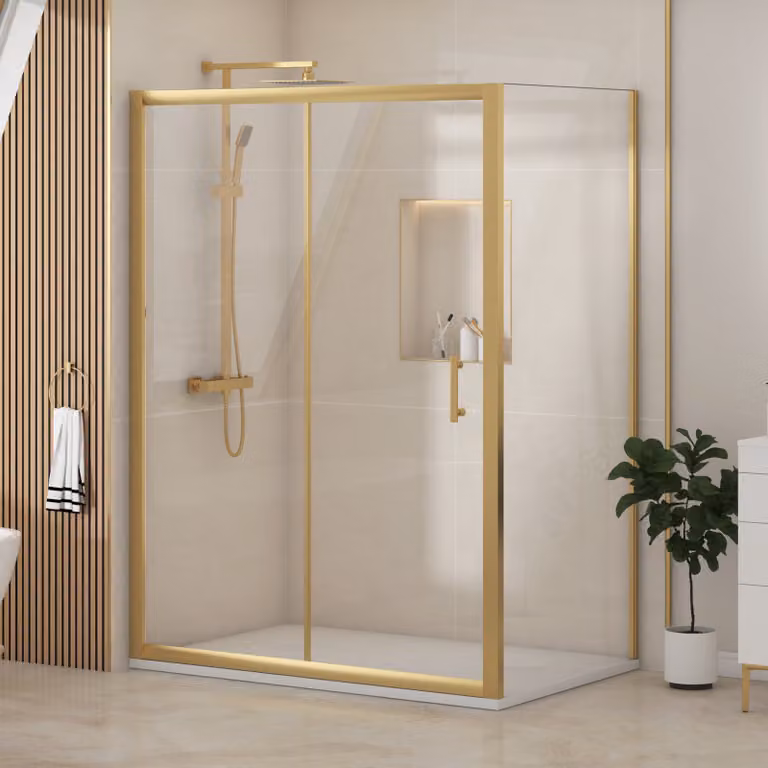 Royal Bathrooms Venice Sliding Door Shower Enclosure with Side Panel and White Slate Effect Stone Shower Tray, Gold, W: 100 cm, D: 90 cm, H: 185 cm