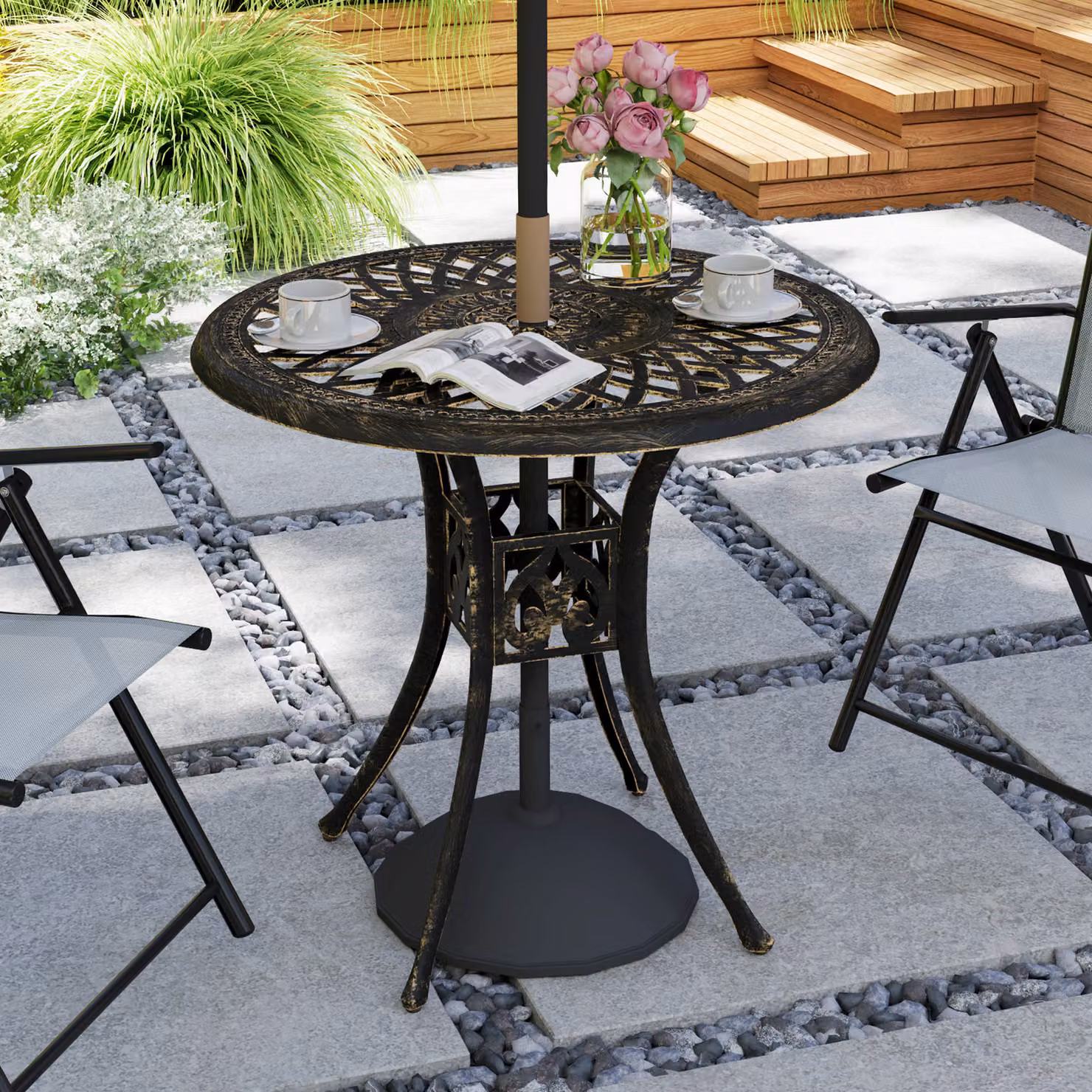 Outsunny Antique Cast Aluminium Round Garden Dining Table with Parasol Hole, Bronze Tone, Diameter: 78 cm – 2