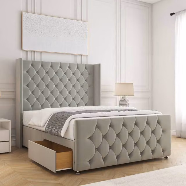 BSSPOKE Florida Plush Velvet Small Double Divan Bed with 2 Drawers and 54 inch Headboard in Silver, W/D/H: 120 x 200 cm