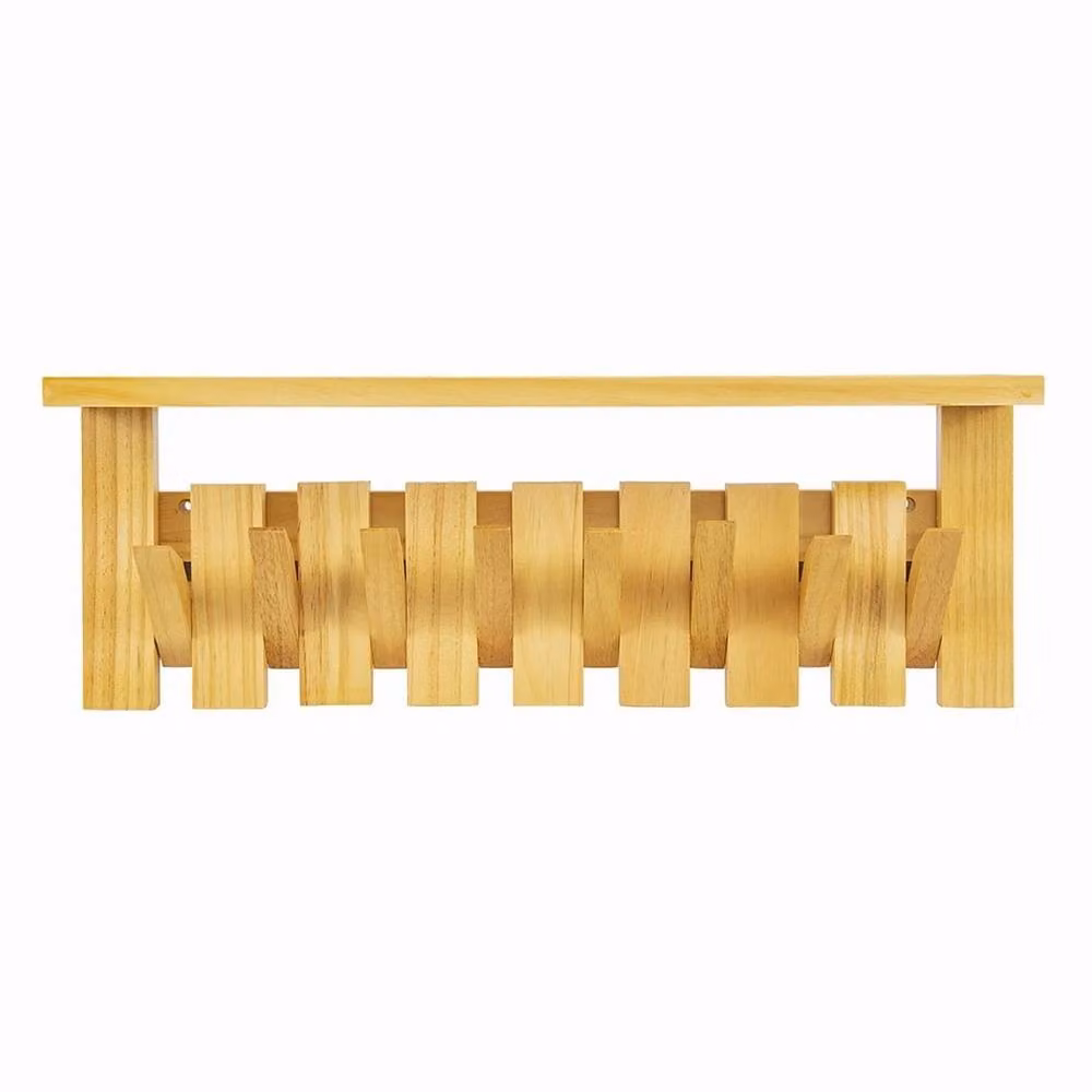 VOGREX Solid Wood Wall Coat Rack with 8 Hooks in Beige – 2