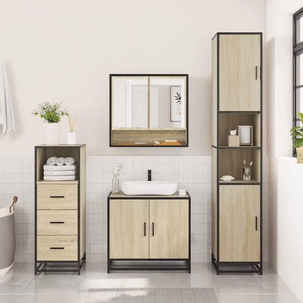Berkfield Home 3 Piece Industrial Bathroom Furniture Set in Sonoma Oak Brown, including Vanity Unit, Mirror Cabinet and Wall Cabinet – 3