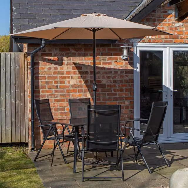 Samuel Alexander Modern Rectangular Glass Top Patio Dining Set with Parasol and Base in Black and Beige