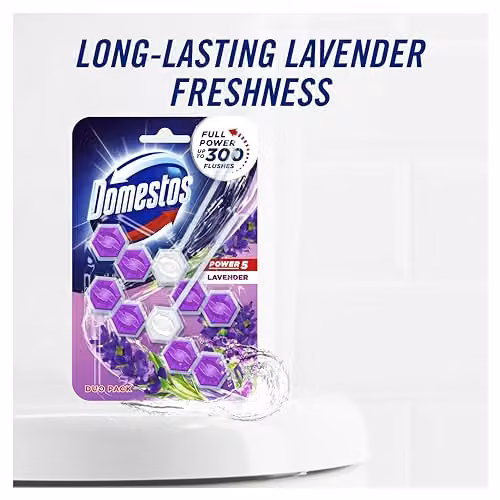 Domestos Power 5 Duo Pack Lavender Toilet Rim Blocks with Limescale Prevention, 14 x 55 g – 3