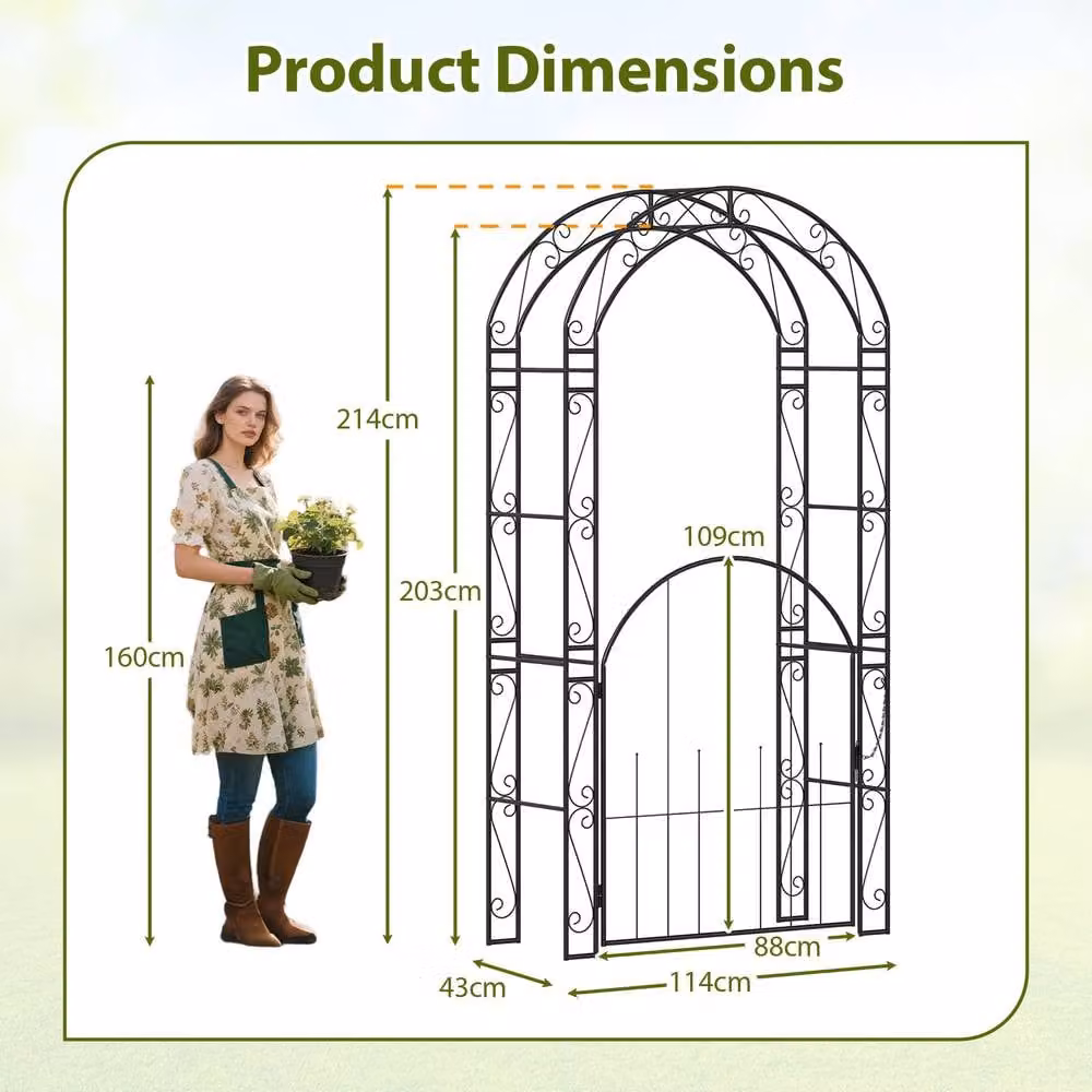 Costway Metal Garden Archway with Gate and Climbing Trellises, Black, Height: 214 cm – 2