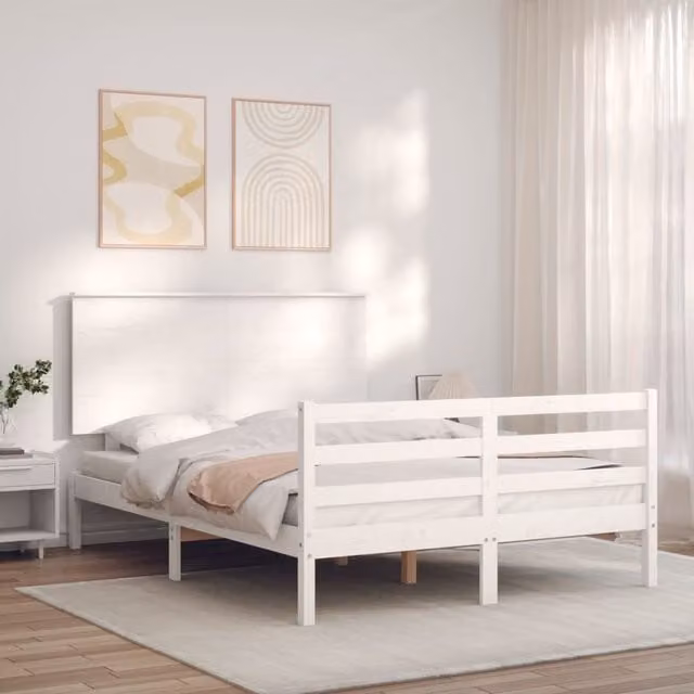 Berkfield Home Small Double Solid Wood Bed Frame with Headboard in White