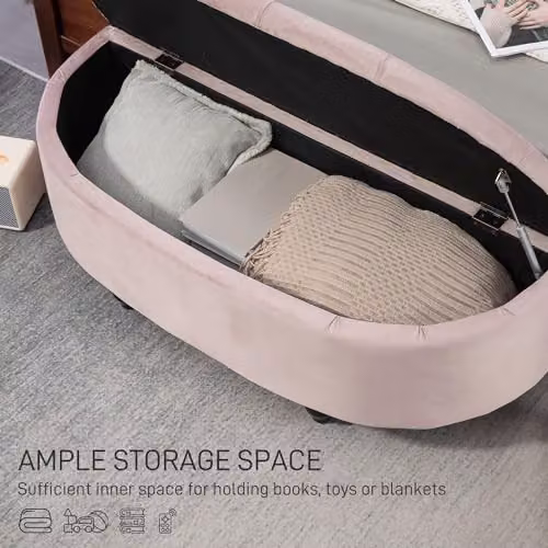 HOMCOM Pink Velvet Semi-Circle Ottoman Storage Bench with Tufted Upholstered Seat and Rubberwood Legs, W: 120 cm, D: 46 cm, H: 42 cm – 3