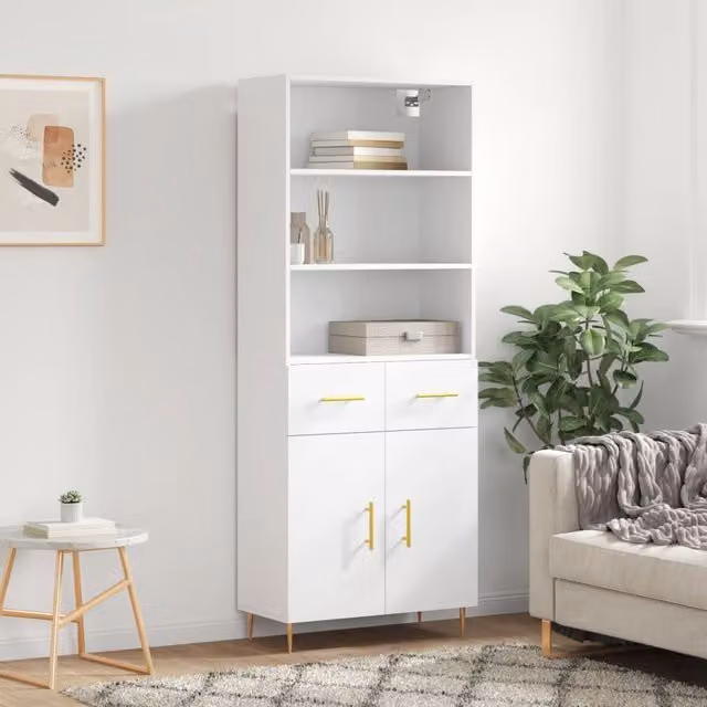 Berkfield Home Modern White Highboard with Hinged Doors and Internal Shelves, W/D/H: 69.5 x 34 x 180 cm