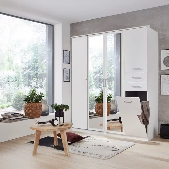 Tjs Frankfurt 4 Door Wardrobe in White with Mirror and Internal Shelving