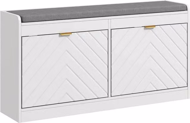 KORVIXA Shoe Storage Bench with 2 Flip Drawers in White and Gold with Fabric Seat, W/D/H: 52.5 x 106.0 x 42.5 cm