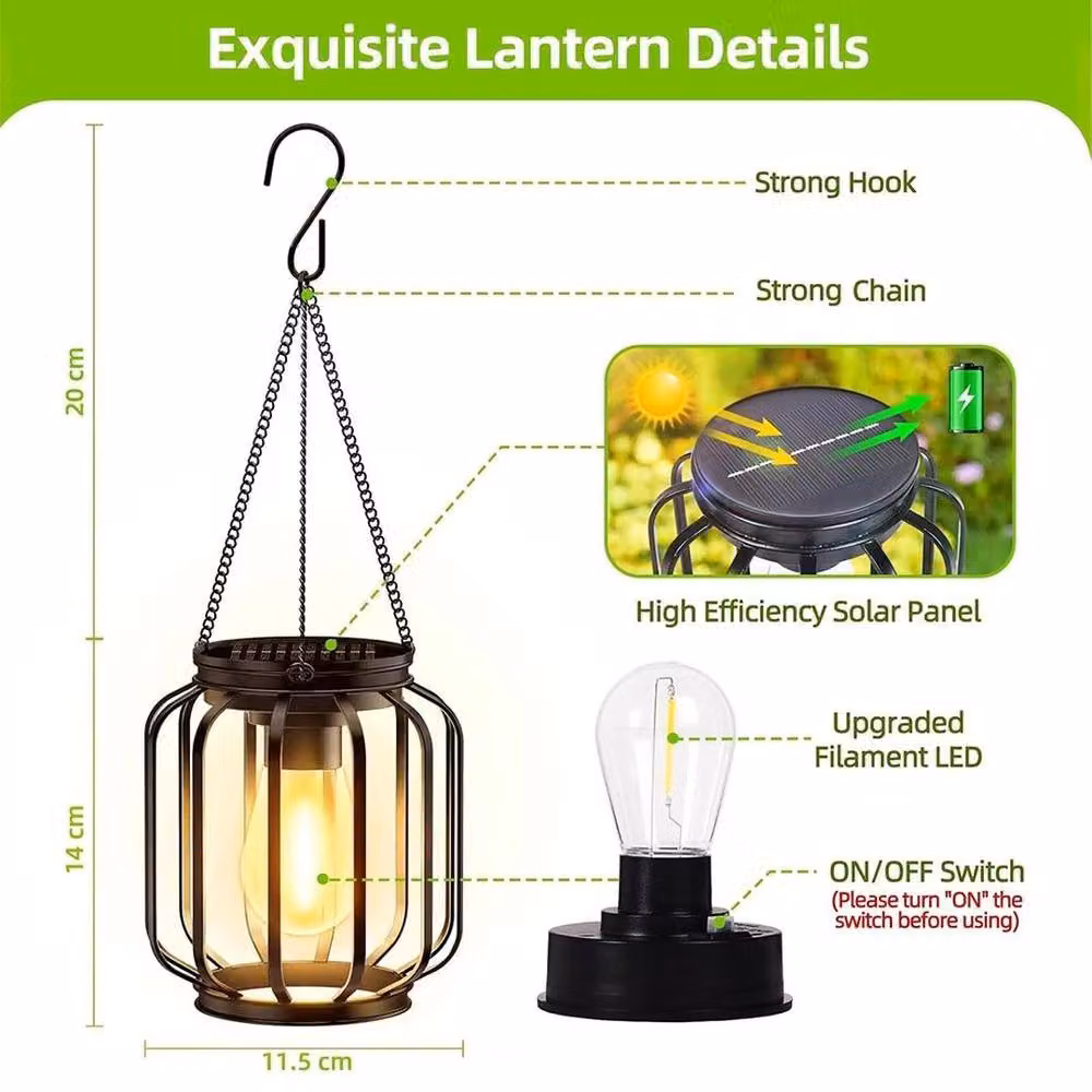 EONLION Set of 2 Modern Solar LED Columnar Outdoor Lanterns in Black Metal, Height: 100 cm – 2