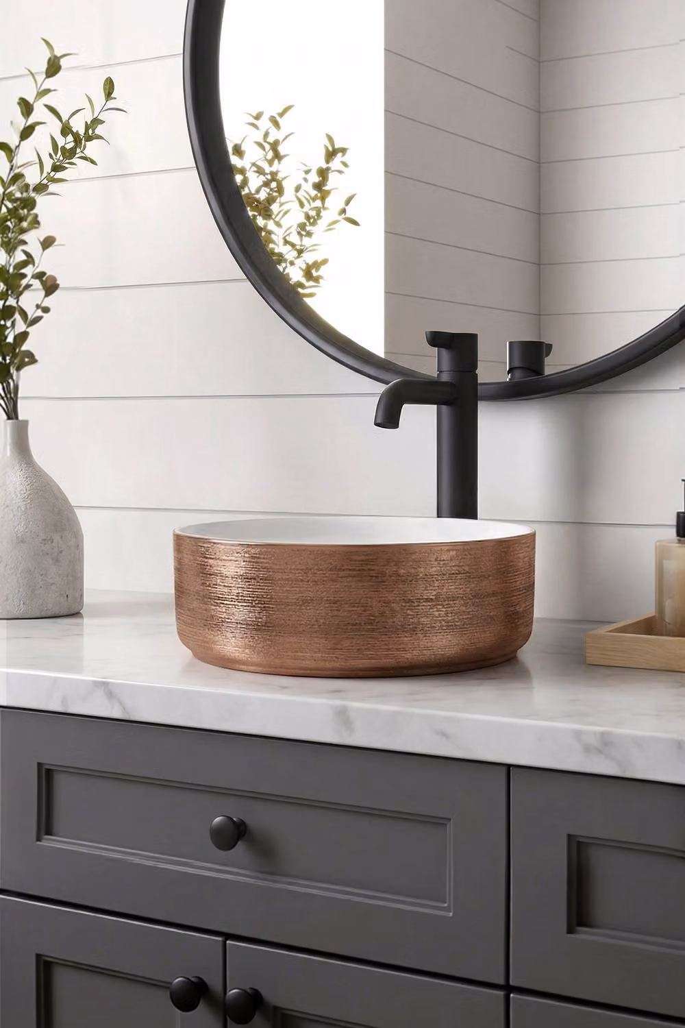 Living and Home Round Ceramic Countertop Vessel Washbasin Sink in Brown, W/D/H: 36.0 x 36.0 x 12.5 cm – 2