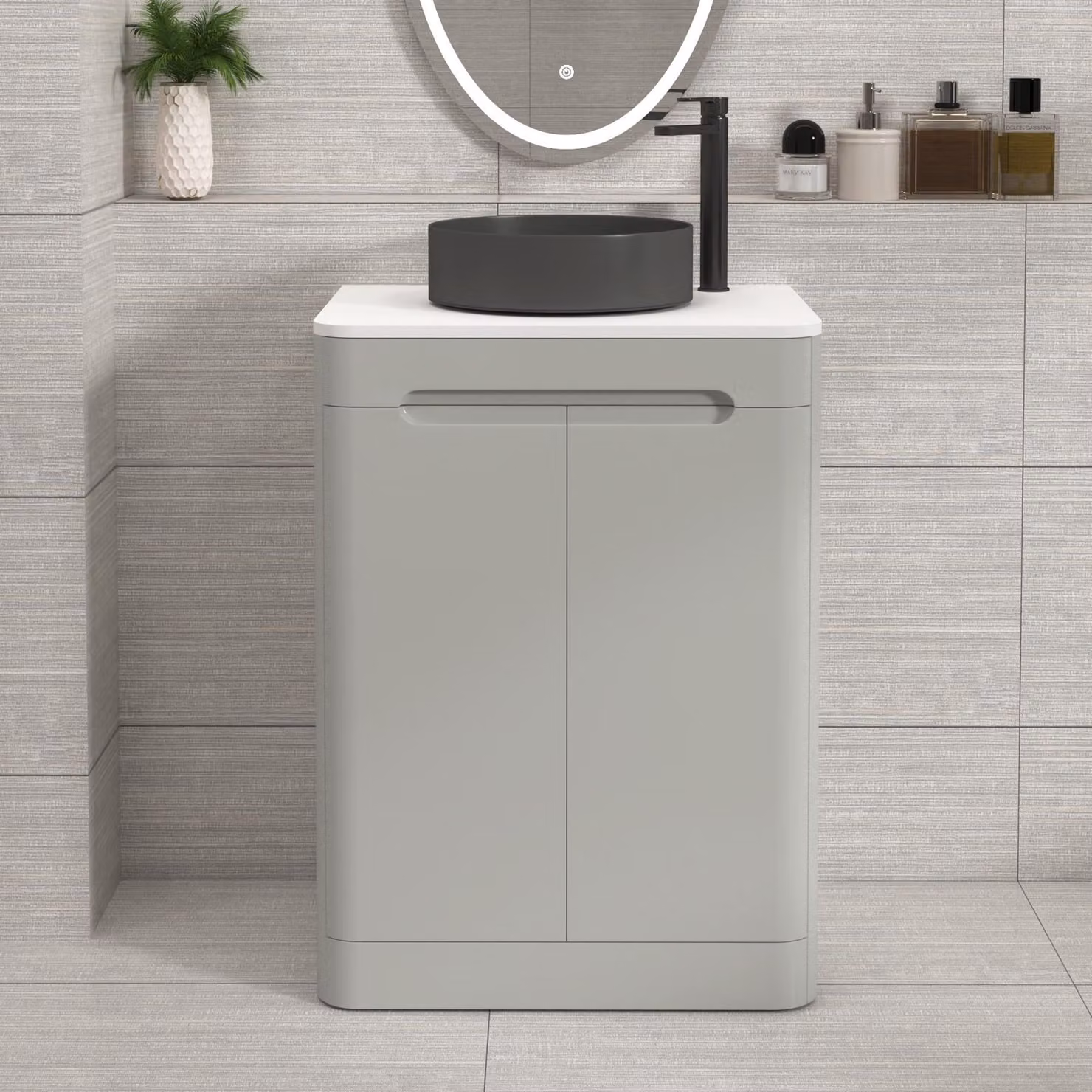 Royal Bathrooms Venice 600mm Floor Standing 2 Door Vanity Unit in Dove Grey with Plain White Worktop and Art Deco Round Basin
