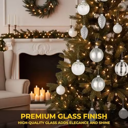 Shatchi 12-Piece Set of Glass Christmas Bauble Hanging Ornaments in Silver and White, Diameter: 8 cm – 3