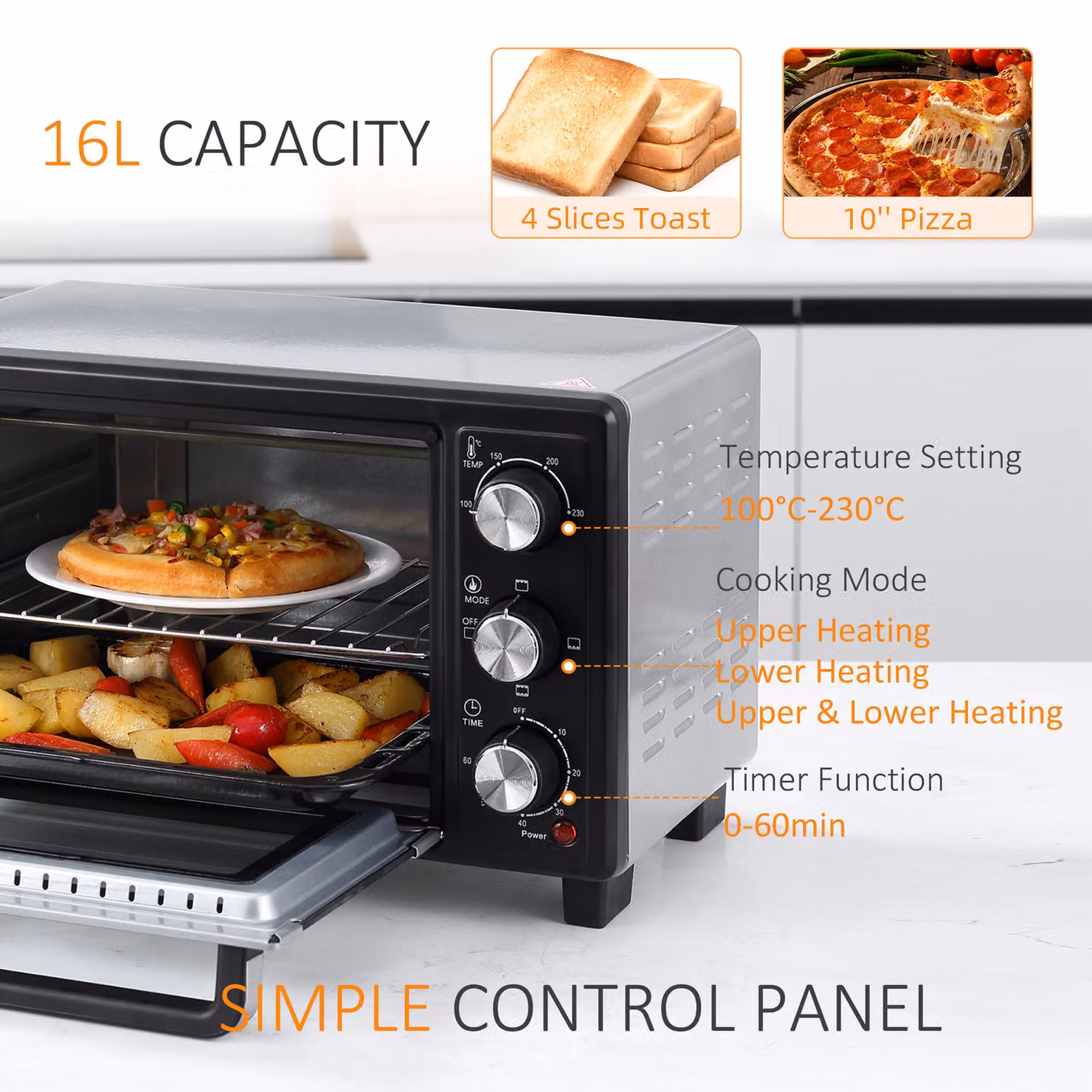HOMCOM 16L Convection Mini Oven with 1400W Electric Grill, Toaster Oven with Adjustable Temperature, 60 Minute Timer and Crumb Tray – 5