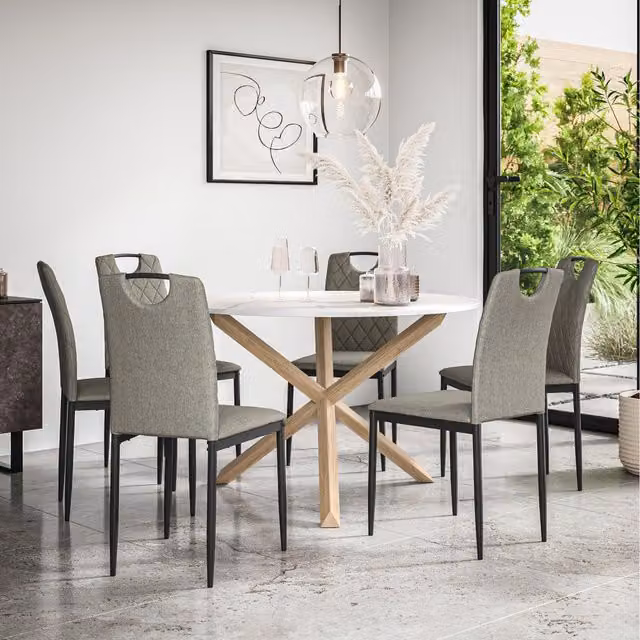 More4Homes Malvern Round Marble Effect Dining Table Set with 6 Chairs, Grey and White with Oak Legs, W/D/H: 120 x 120 x 75 cm