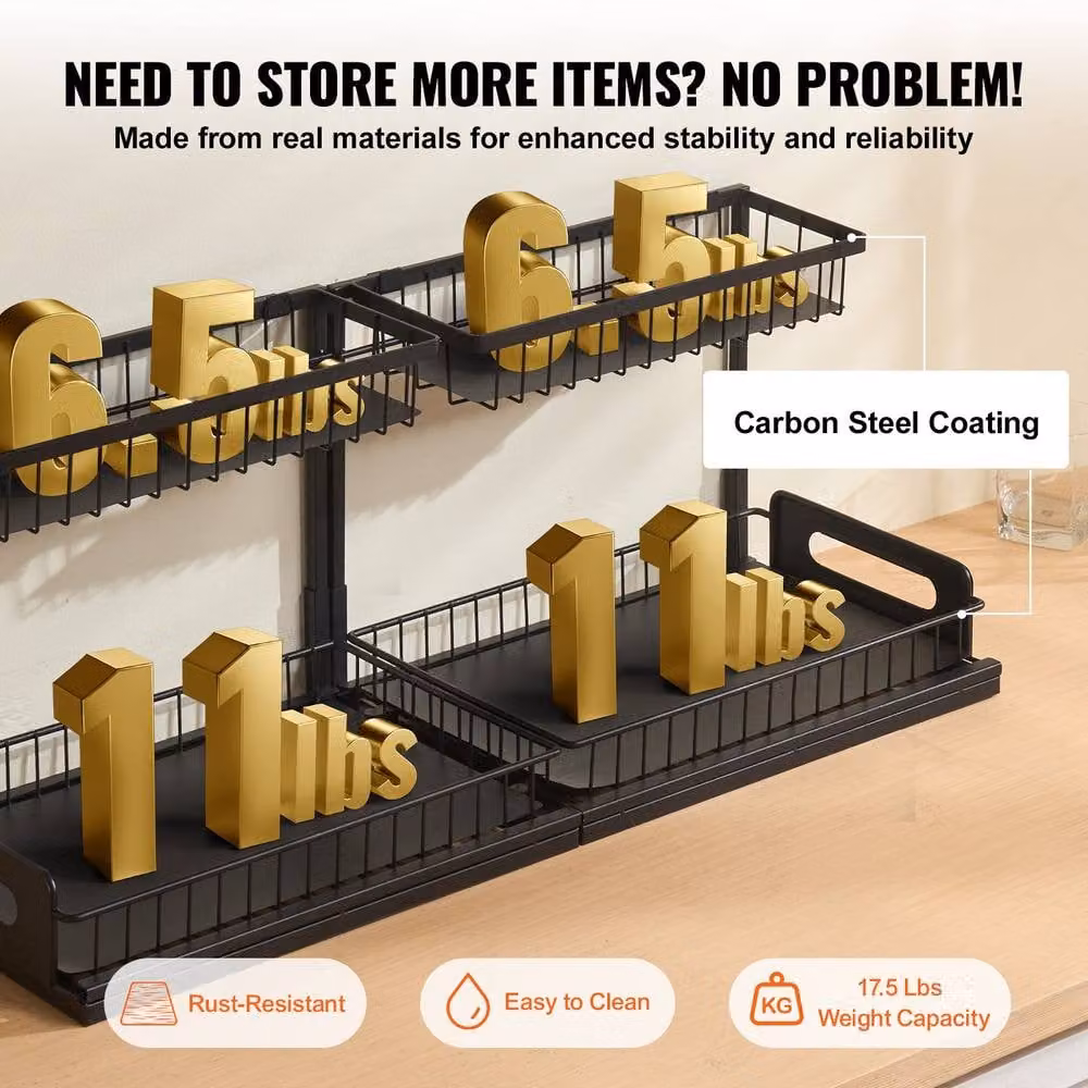VEVOR 2 Tier Pull Out Cabinet Organizer, Black, W: 27.18 cm, D: 36.07 cm, H: 10.7 cm – 5