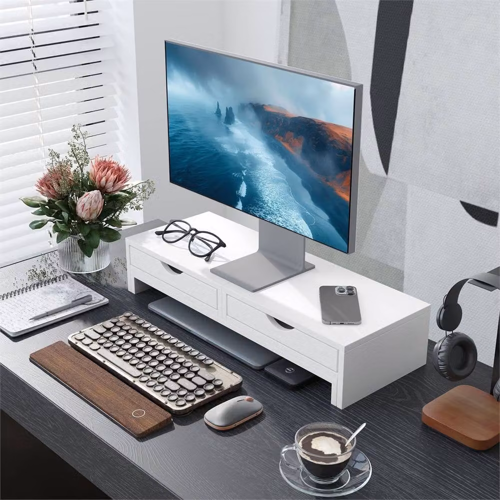 Nordara Adjustable Dual Monitor Stand Riser with 2 Storage Drawers, White, W: 100 cm, D: 60 cm – 3