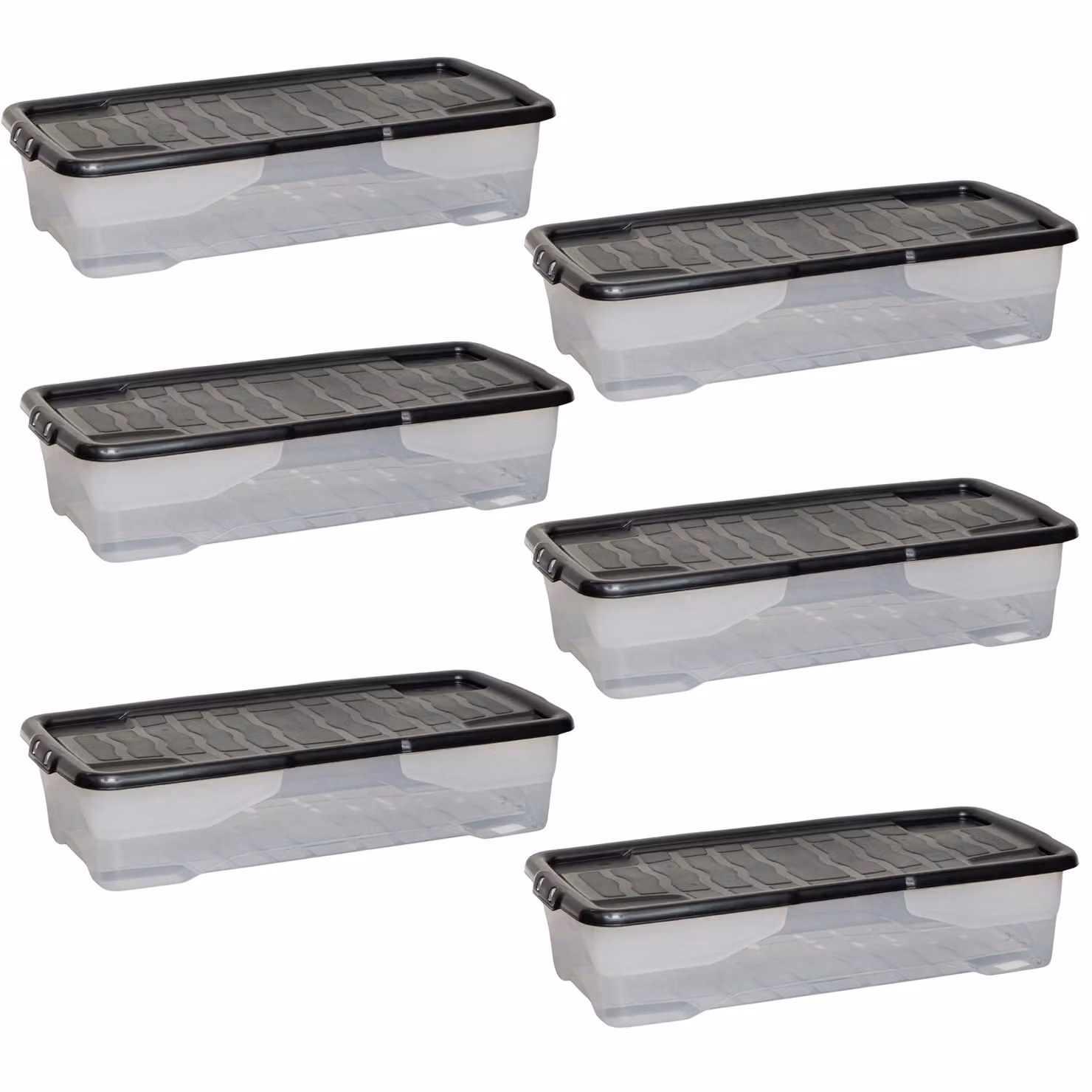 Samuel Alexander 6 Pack of 42L Transparent Under Bed Storage Boxes with Black Lids, Stackable and Nestable Design – 5