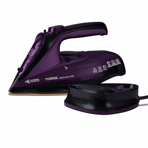 Tower T22008 CeraGlide Cordless Steam Iron with Ceramic Non-Stick Soleplate and Anti-Calc Function, 2400 W, Black in Purple