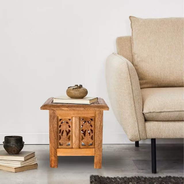 Topfurnishing Square Mango Wood Carved Coffee Table and Bedside End Table in Antique Brown and Yellow, W/D/H: 30 x 30 x 30 cm