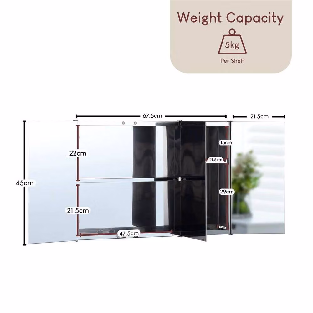 FORGEVIO Modern Silver Wall Mounted Bathroom Cabinet with Triple Mirror Glass Doors and Internal Shelves – 2