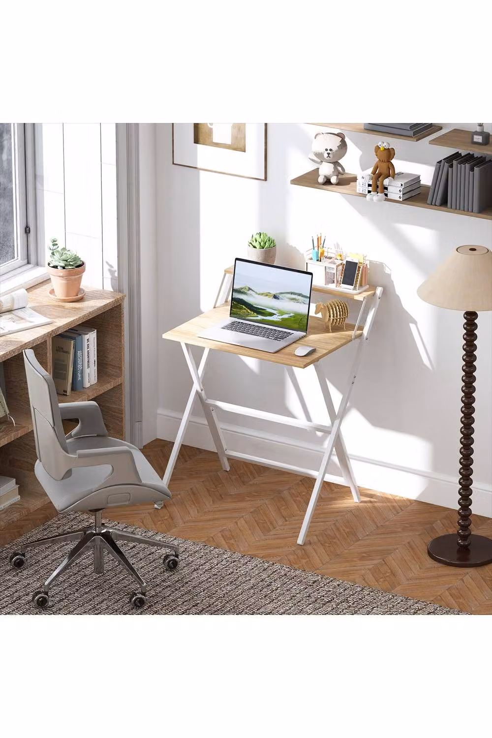 ERGOVEXA Folding Computer Desk with Monitor Shelf, Brown Wood and Metal, W/D/H: 70 x 62 x 86.5 cm – 2