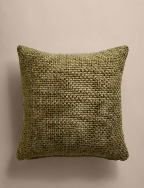 M&S Pure Wool Basket Weave Square Cushion in Dark Green
