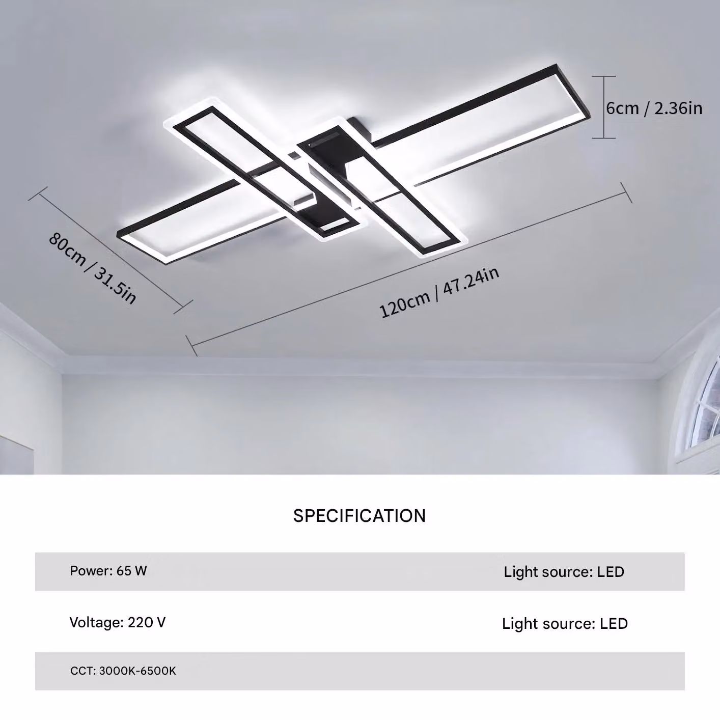 Pheashine Black Rectangular LED Ceiling Light, 65W, 6500K Cool White, Length: 120 cm – 2