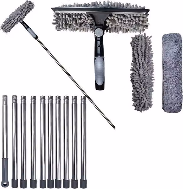 VOGREX 2-in-1 Window Cleaner Squeegee and Microfibre Duster with Telescopic Handle, Grey – 1