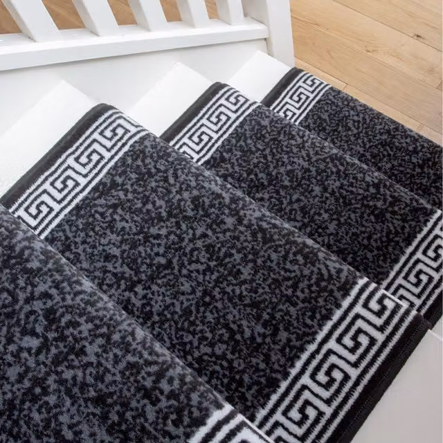 The Rug House Geometric Bordered Cut To Measure Stair Carpet Runner, Black, Width: 70 cm, Length: 365 cm