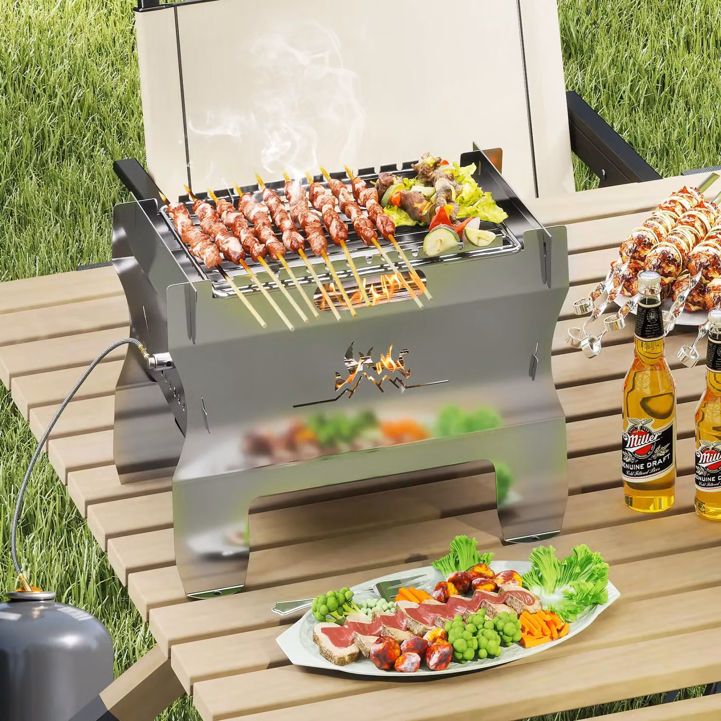 Gymax Dual Fuel Butane Gas Countertop Camping Grill and Firepit in Silver with Carrying Bag – 2