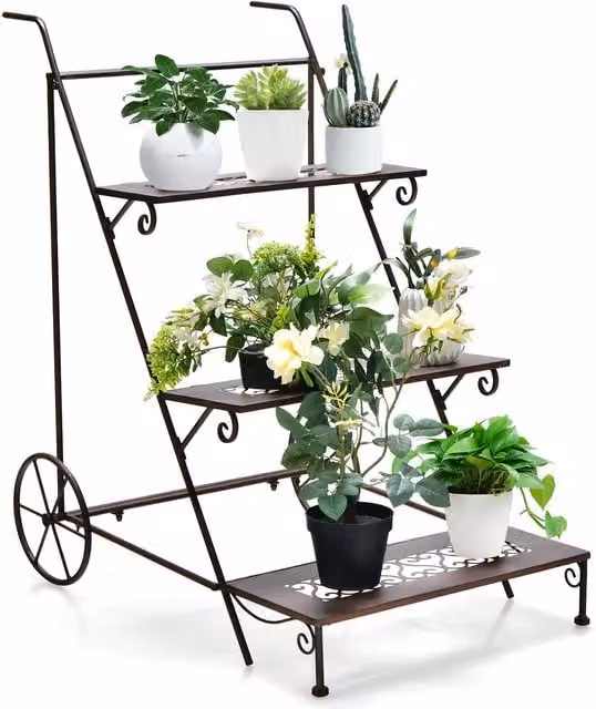 Costway 3-Tier Metal Ladder Plant Stand with Wheels in Multicolour