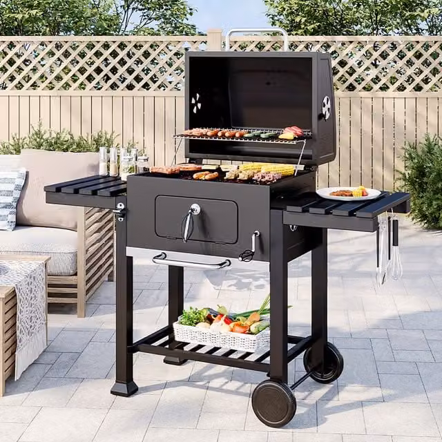 Kidkid Charcoal Mobile BBQ Cooker with Stainless Steel Cart and Side Shelves, Black