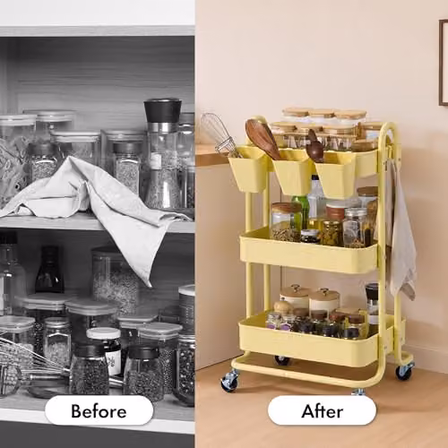 VonHaus 3 Tier Yellow Storage Trolley with Bamboo and Metal Construction, W/D/H: 79.5 x 46 x 36 cm – 3