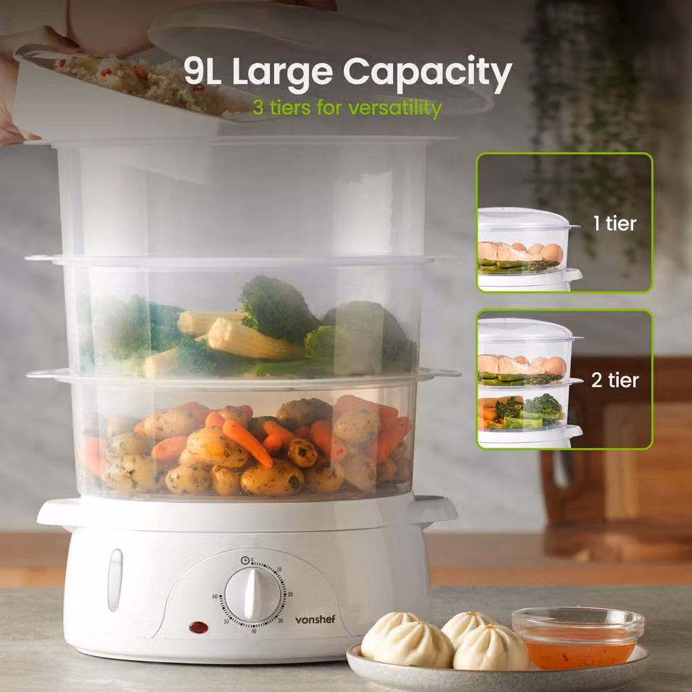 VonShef 9L Large Capacity Electric Food Steamer in White – 2