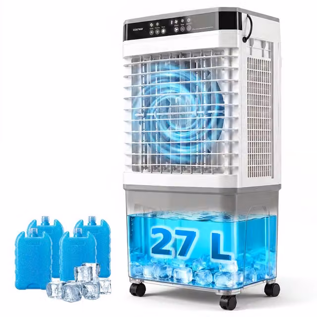 Costway Portable Evaporative Air Cooler with Remote Control, Timer, Oscillation and Ice Packs, White